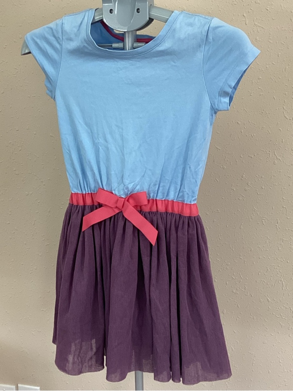 Hanna Andersson Light Blue Top with Purple Skirt and Coral Bow Dress